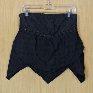 Black Eyelet Lace Handkerchief Hem Top Women XS Teal Lining Beaded Trim Boho Y2K